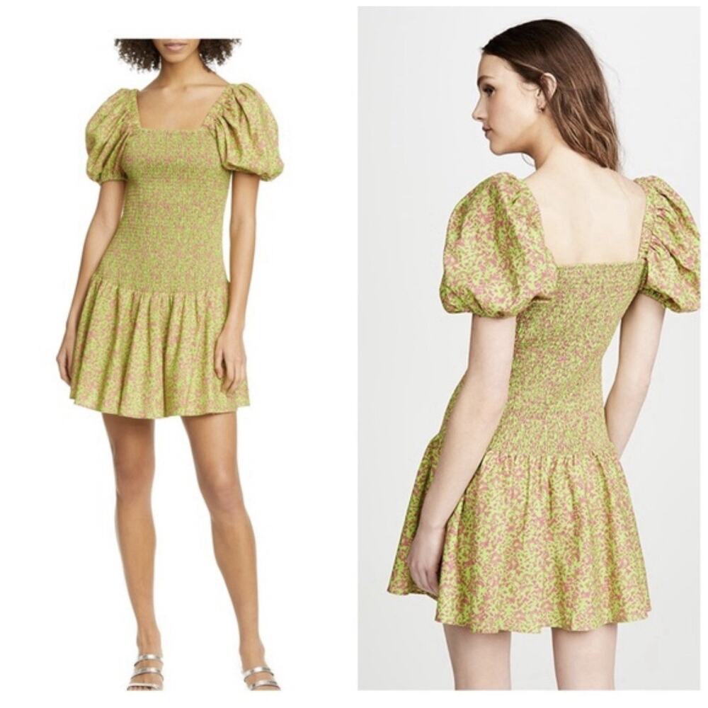 Tanya Taylor Eden XS Floral Green Pink Mini Dress‎ Smocked Square Neck Stretch